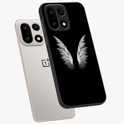 Angel Wing Grace Glass Case for 1+15 angled mockup showcasing glossy finish and graceful feather design