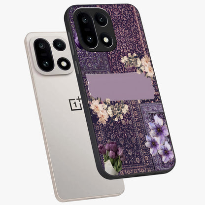 Antique Floral Whisper Glass Case for 1+15 angled mockup showcasing glossy finish and classic botanical design