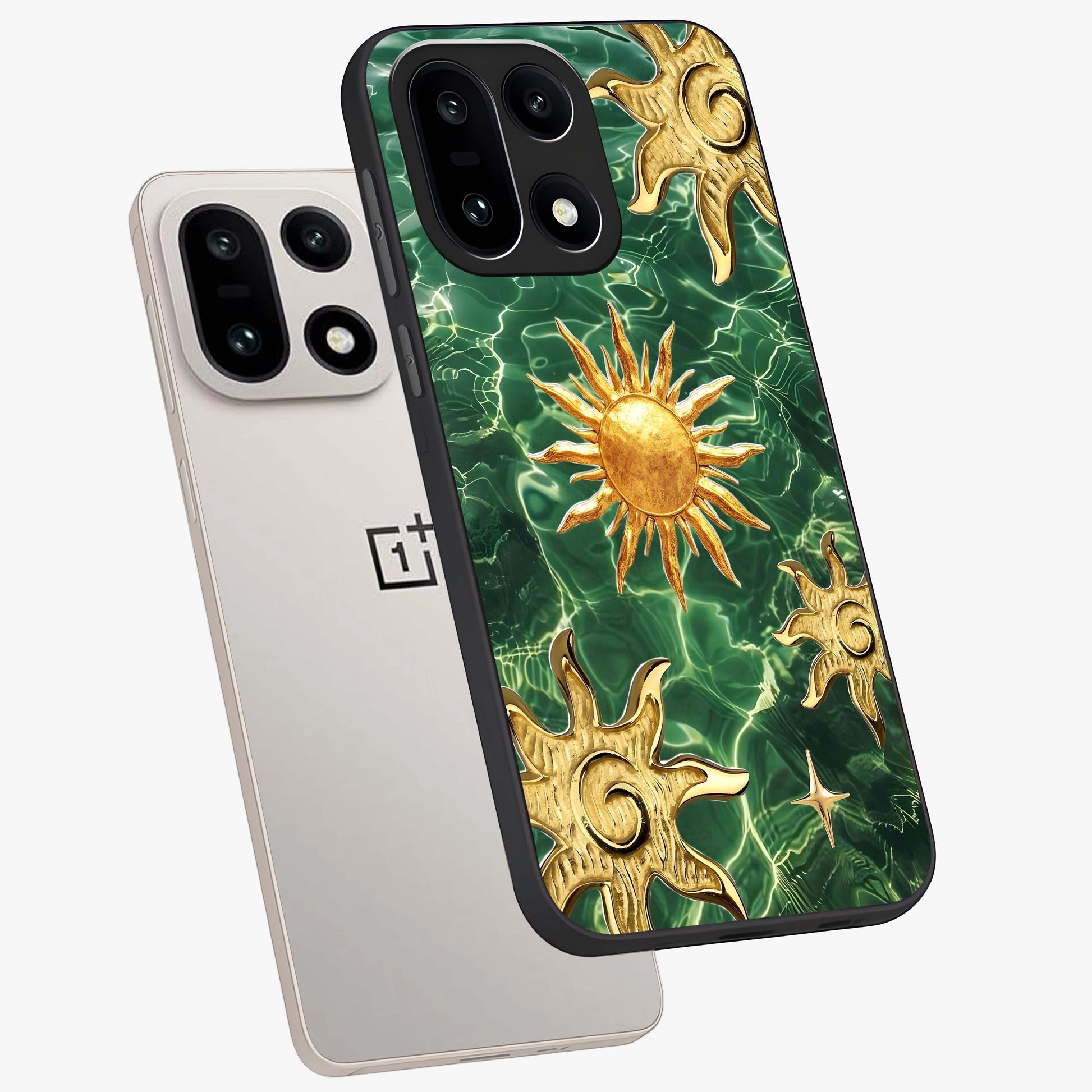 Aqua Sun Mirage Glass Case for 1+15 angled mockup showcasing glossy glass finish and radiant gradient tones
