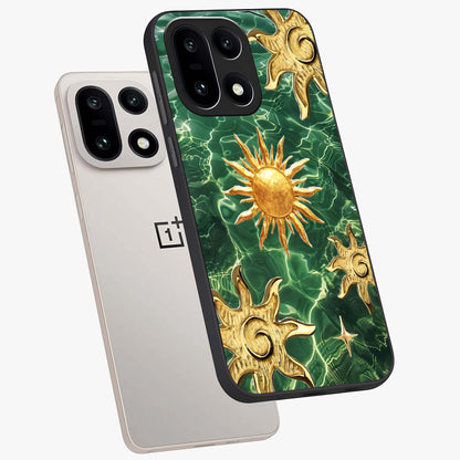 Aqua Sun Mirage Glass Case for 1+15 angled mockup showcasing glossy glass finish and radiant gradient tones