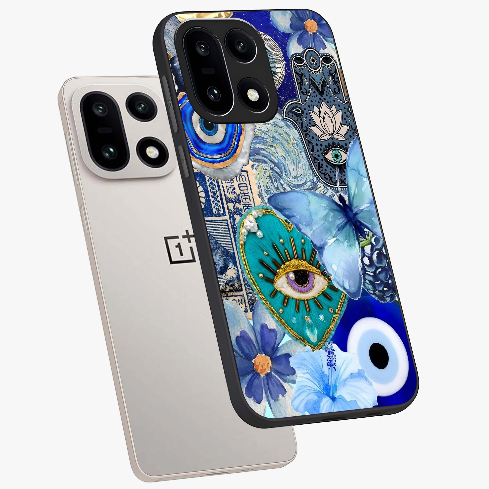 Audrey Zivan Glass Case for 1+15 angled mockup showcasing glossy glass finish and modern visual artwork