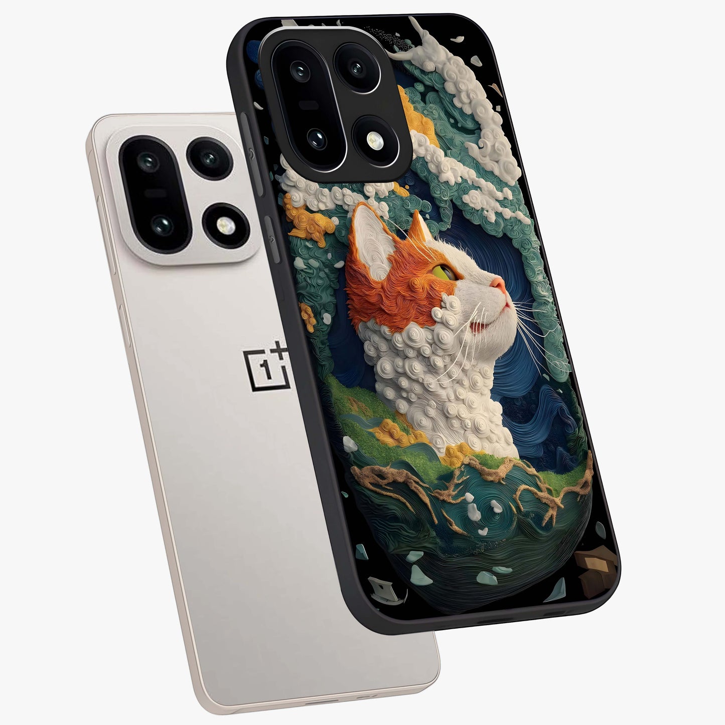 Aurora Cat Dreams Glass Case for 1+15 angled mockup showcasing glossy finish and vibrant cosmic colors