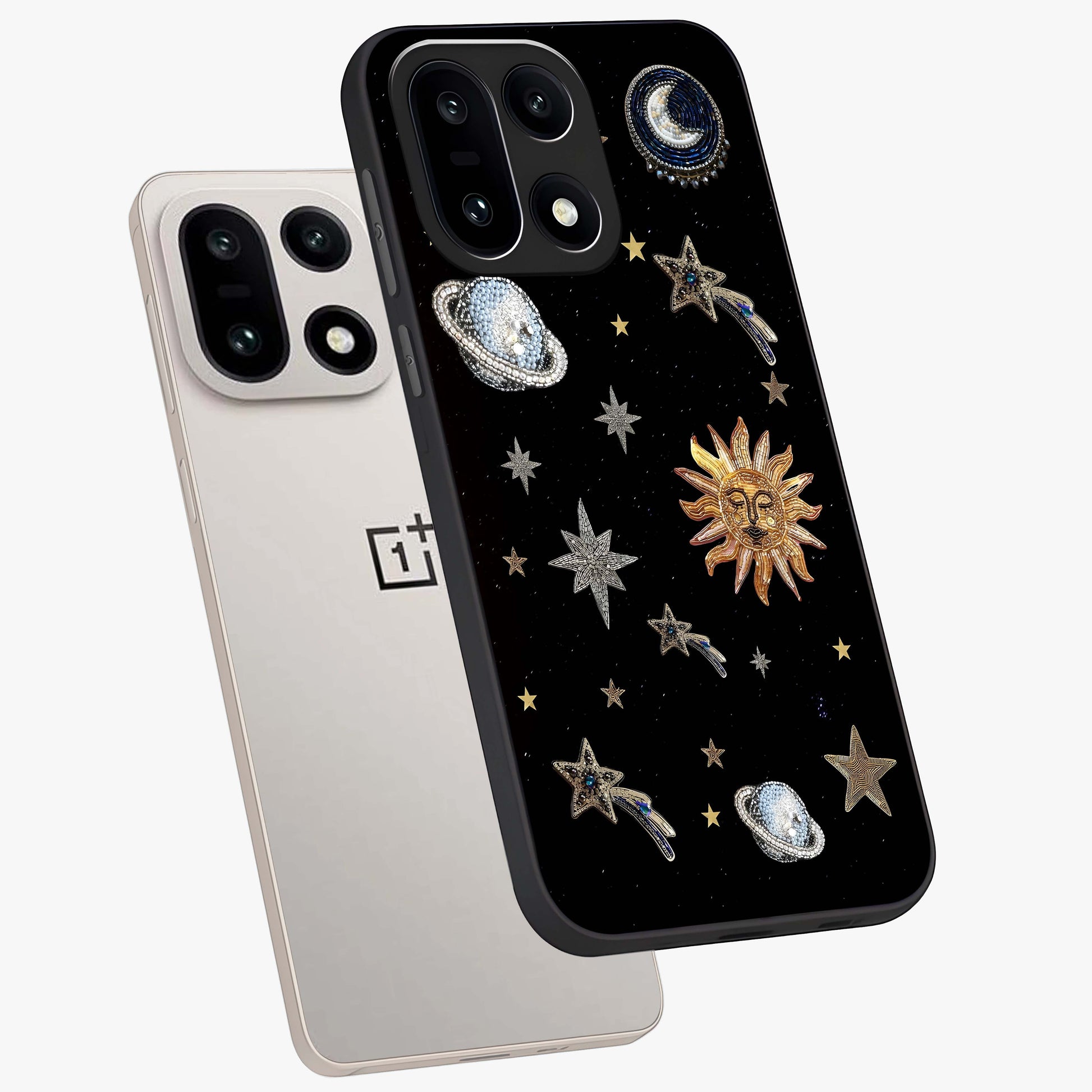 Beaded Cosmic Dreams Glass Case for 1+15 angled mockup showcasing glossy finish and vibrant galaxy detailing