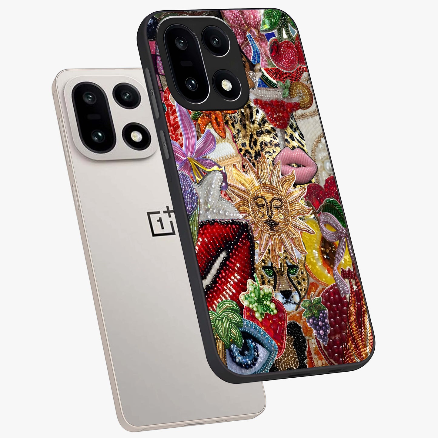 Beaded Fashion Jungle Glass Case for 1+15 angled mockup showcasing glossy finish and vibrant tropical design