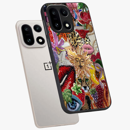 Beaded Fashion Jungle Glass Case for 1+15 angled mockup showcasing glossy finish and vibrant tropical design