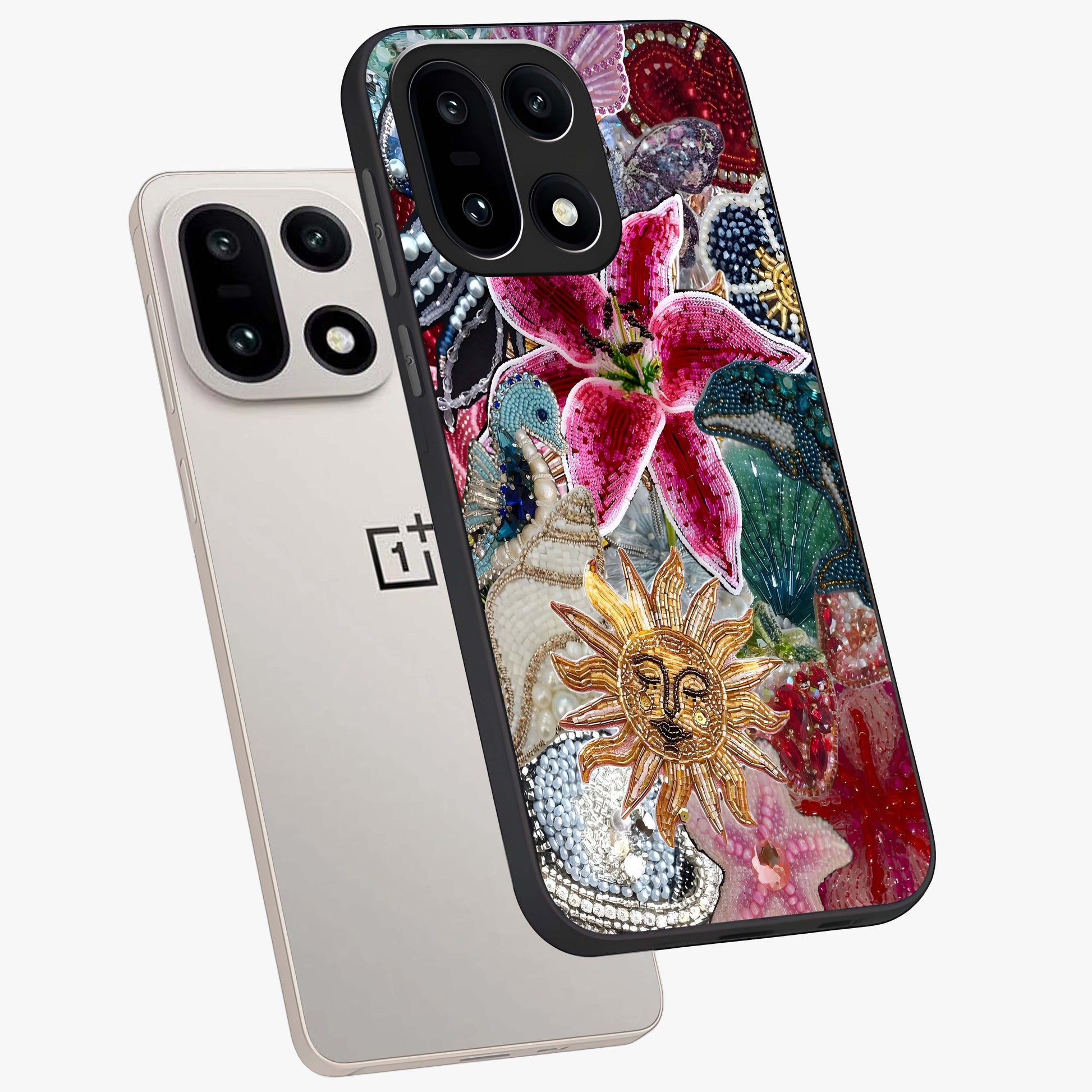 Beaded Garden Fantasy Glass Case for 1+15 angled mockup showcasing glossy finish and detailed fantasy design