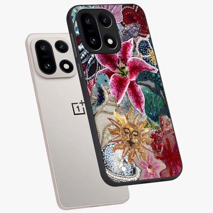 Beaded Garden Fantasy Glass Case for 1+15 angled mockup showcasing glossy finish and detailed fantasy design