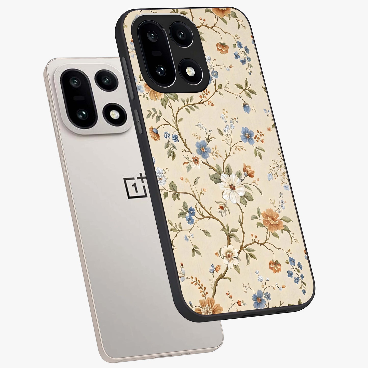 Beige Vintage Flower Glass Case for 1+15 angled mockup showcasing glossy finish and elegant vintage design