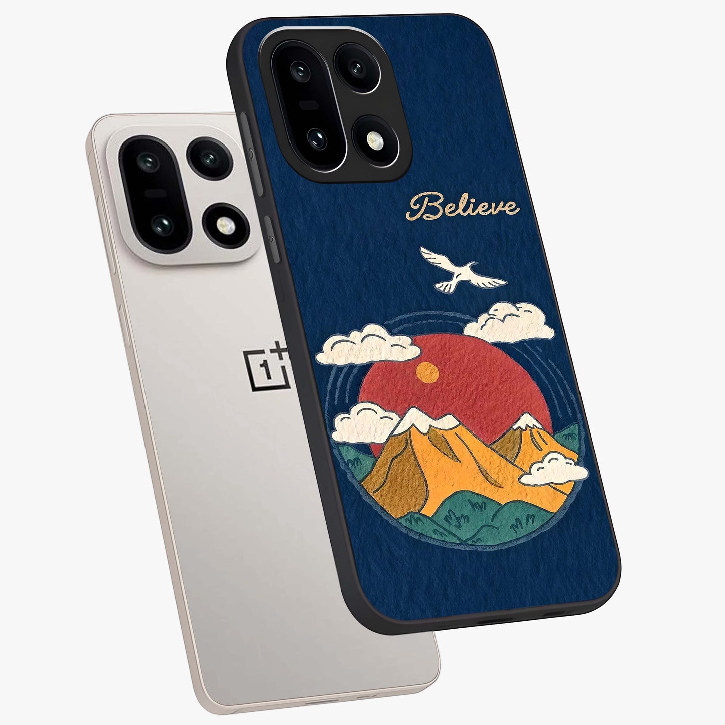 Believe Sky Escape Glass Case for 1+15 angled mockup showcasing glossy finish and serene cloud design