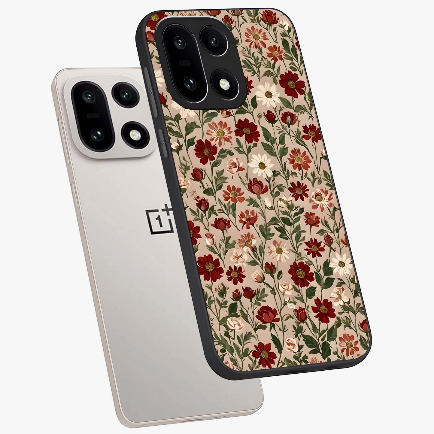 Biege Flower With Leaf Glass Case for 1+15 angled mockup showcasing glossy finish and minimal botanical design