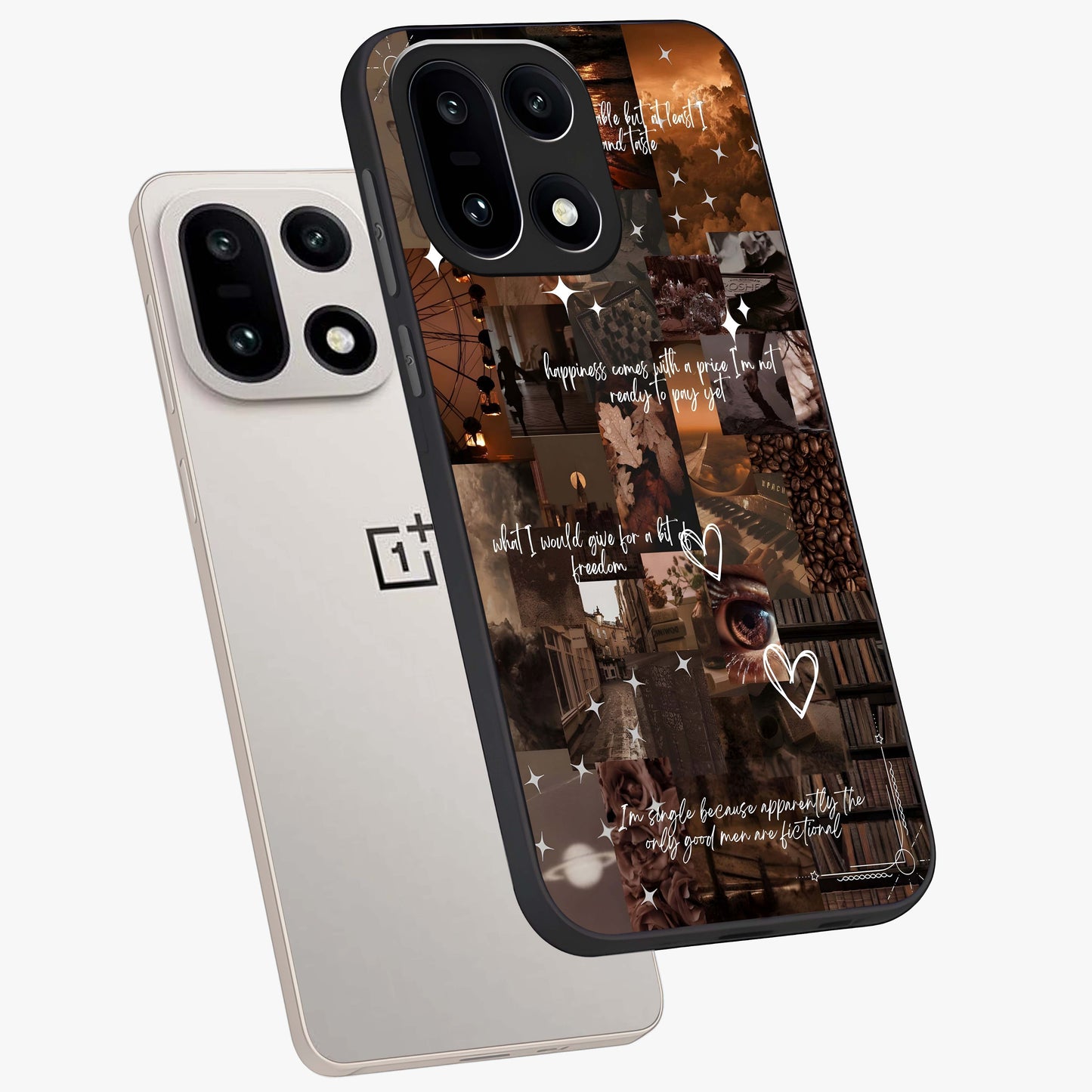Bittersweet Aesthetic Chaos Glass Case for 1+15 angled mockup showcasing glossy finish and artistic chaotic design