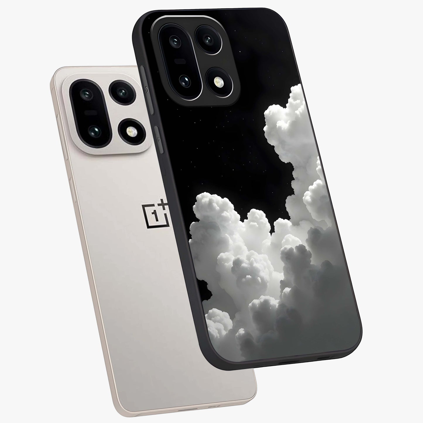 Black Background With White Cloud Glass Case for 1+15 angled mockup showcasing glossy finish and high contrast design