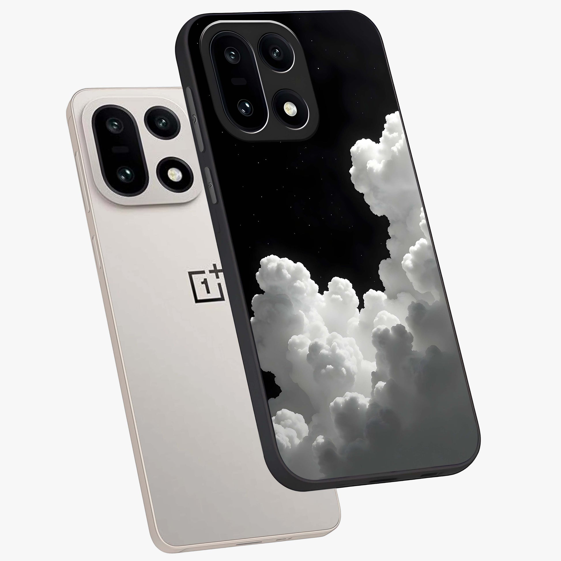 Black Background With White Cloud Glass Case for 1+15 angled mockup showcasing glossy finish and high contrast design