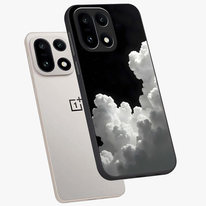 Black Background With White Cloud Glass Case for 1+15 angled mockup showcasing glossy finish and high contrast design