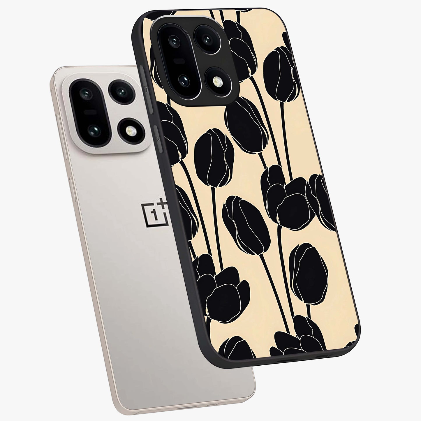 Black Designer Tulip Glass Case for 1+15 angled mockup showcasing glossy finish and premium floral detailing