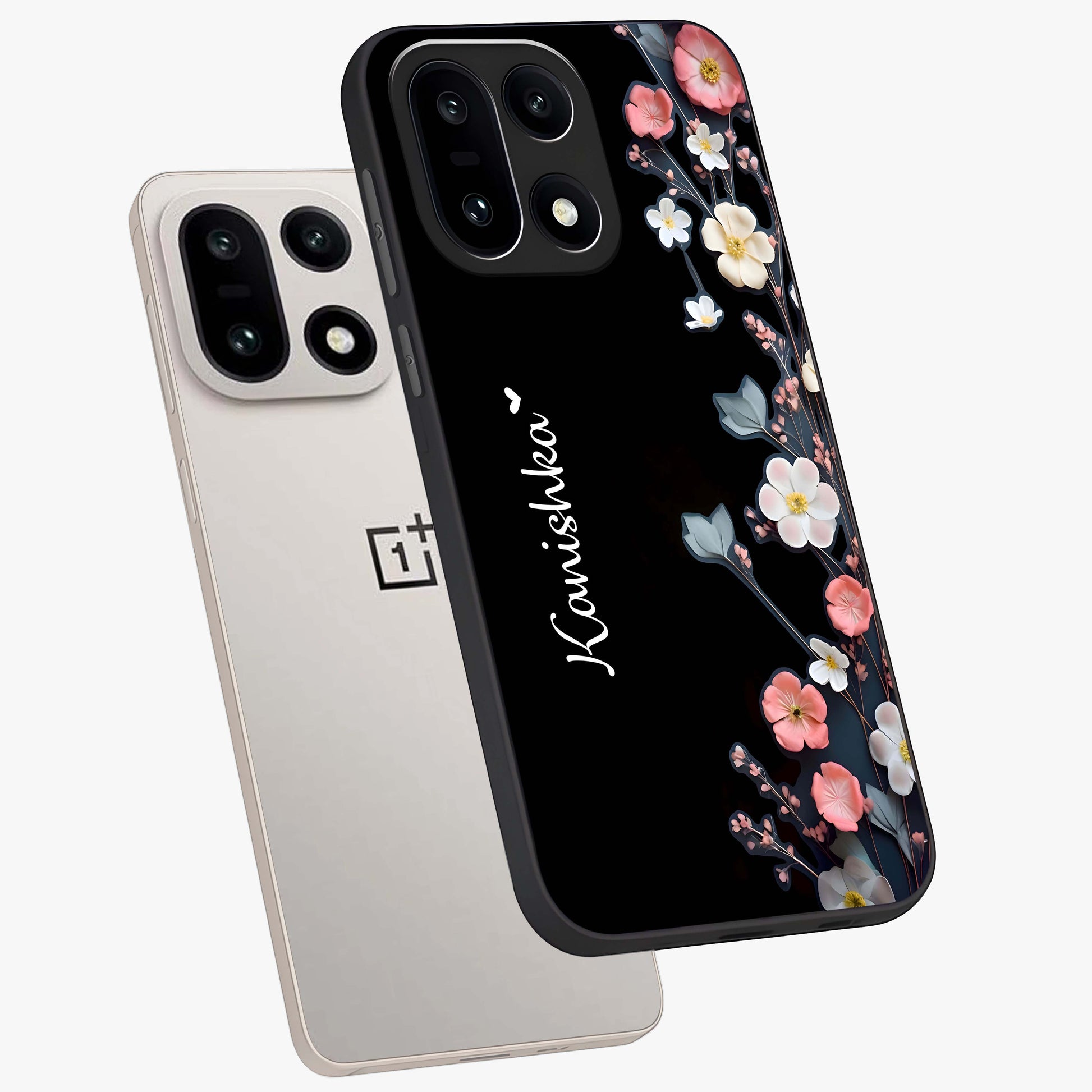 Black Elegance Floral Custom Name Glass Case for 1+15 angled mockup showcasing glossy finish and sophisticated black theme