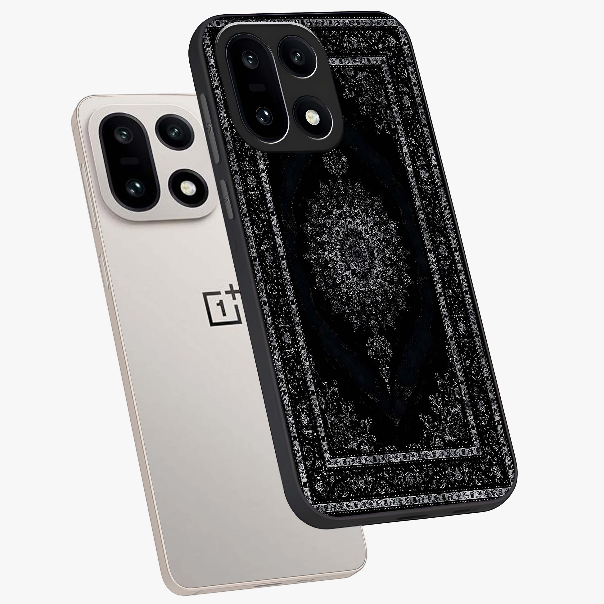 Black Persian Carpet Glass Case for 1+15 angled mockup showcasing glossy finish and detailed ornamental design