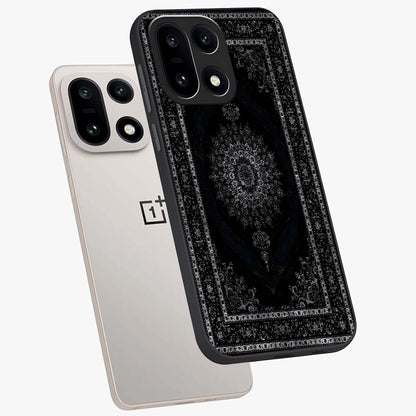 Black Persian Carpet Glass Case for 1+15 angled mockup showcasing glossy finish and detailed ornamental design