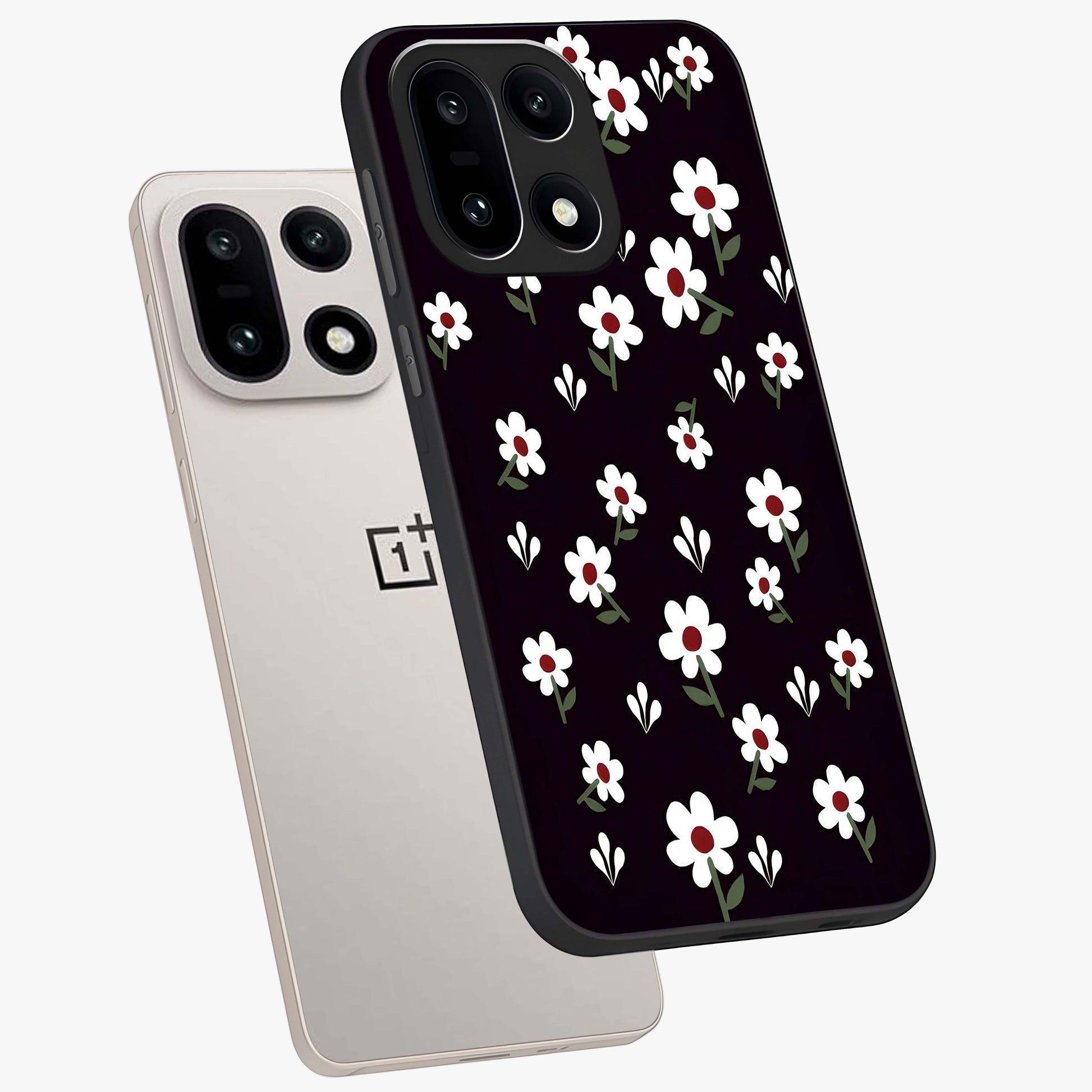 Black Prints Daisy Flower Pattern Glass Case for 1+15 angled mockup showcasing glossy finish and bold floral contrast