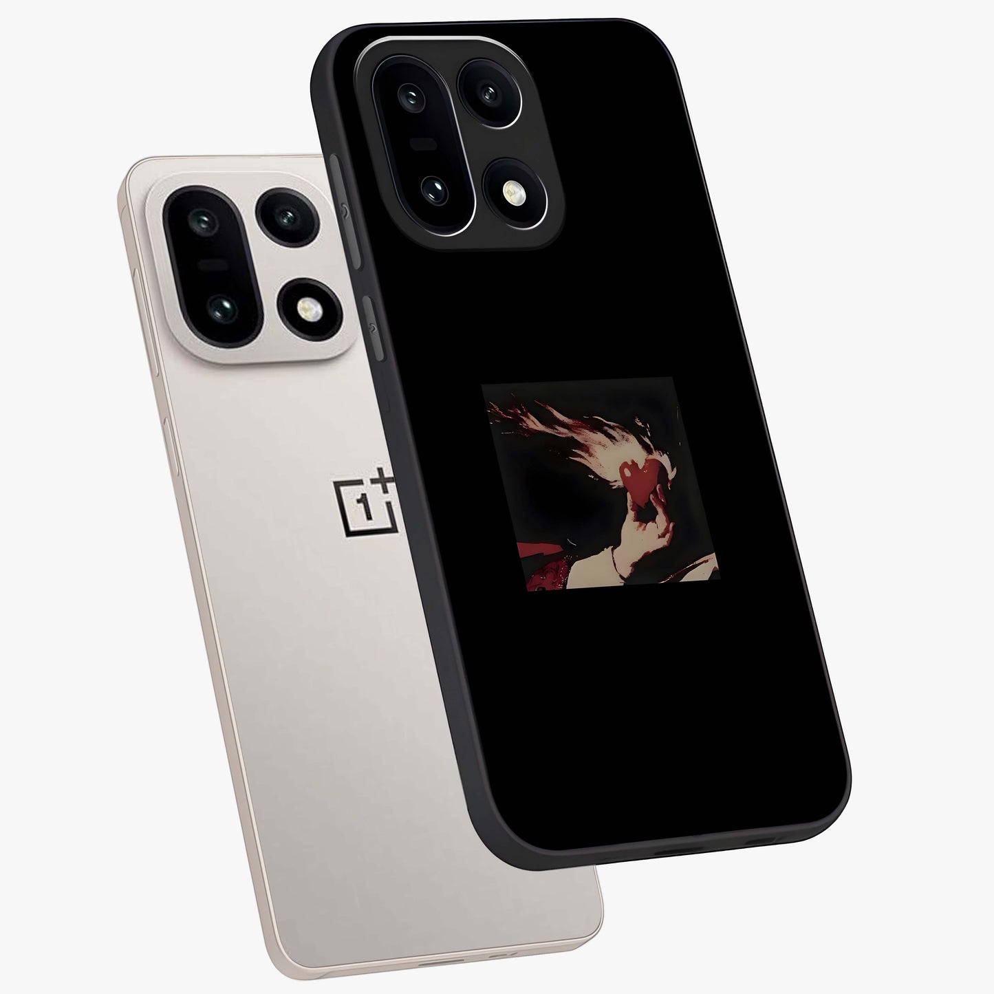 Blazing Heart Faith Glass Case for 1+15 captured at a warm angle highlighting bold flame tones, gloss, and edge clarity.