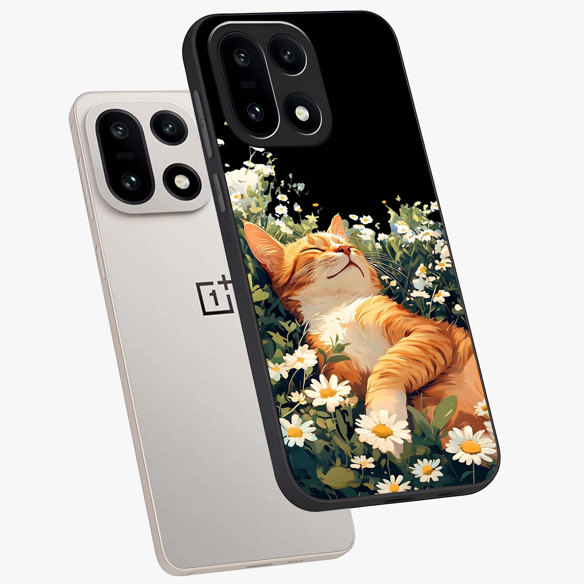 Blissful Bloom Cat Glass Case for 1+15 angled mockup showcasing glossy glass finish and vibrant bloom detailing