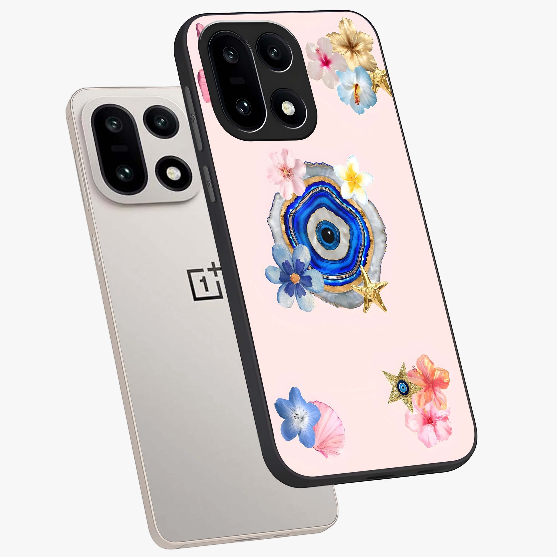 Blossom Evil Charm Glass Case for 1+15 angled mockup showcasing glossy finish and protective charm design