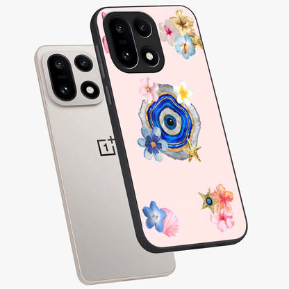 Blossom Evil Charm Glass Case for 1+15 angled mockup showcasing glossy finish and protective charm design