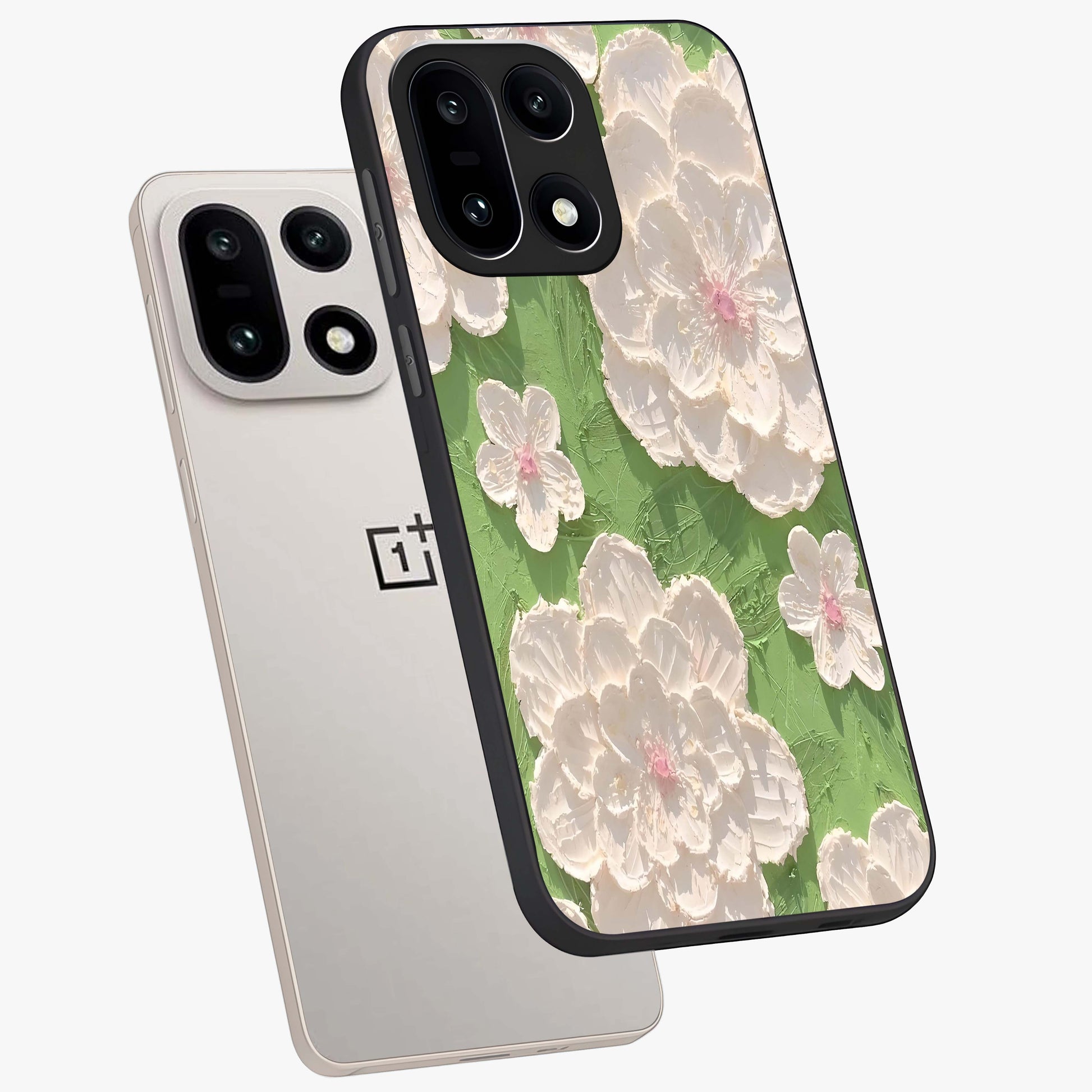 Blossom Meadow Dreams Glass Case for 1+15 angled mockup showcasing glossy finish and pastel bloom textures