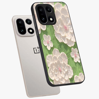 Blossom Meadow Dreams Glass Case for 1+15 angled mockup showcasing glossy finish and pastel bloom textures