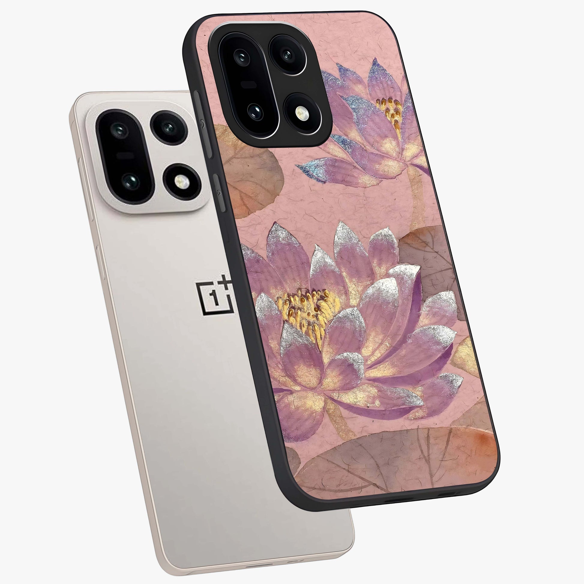 Blossom Mist Lotus Glass Case for 1+15 angled mockup showcasing glossy finish and peaceful floral detailing