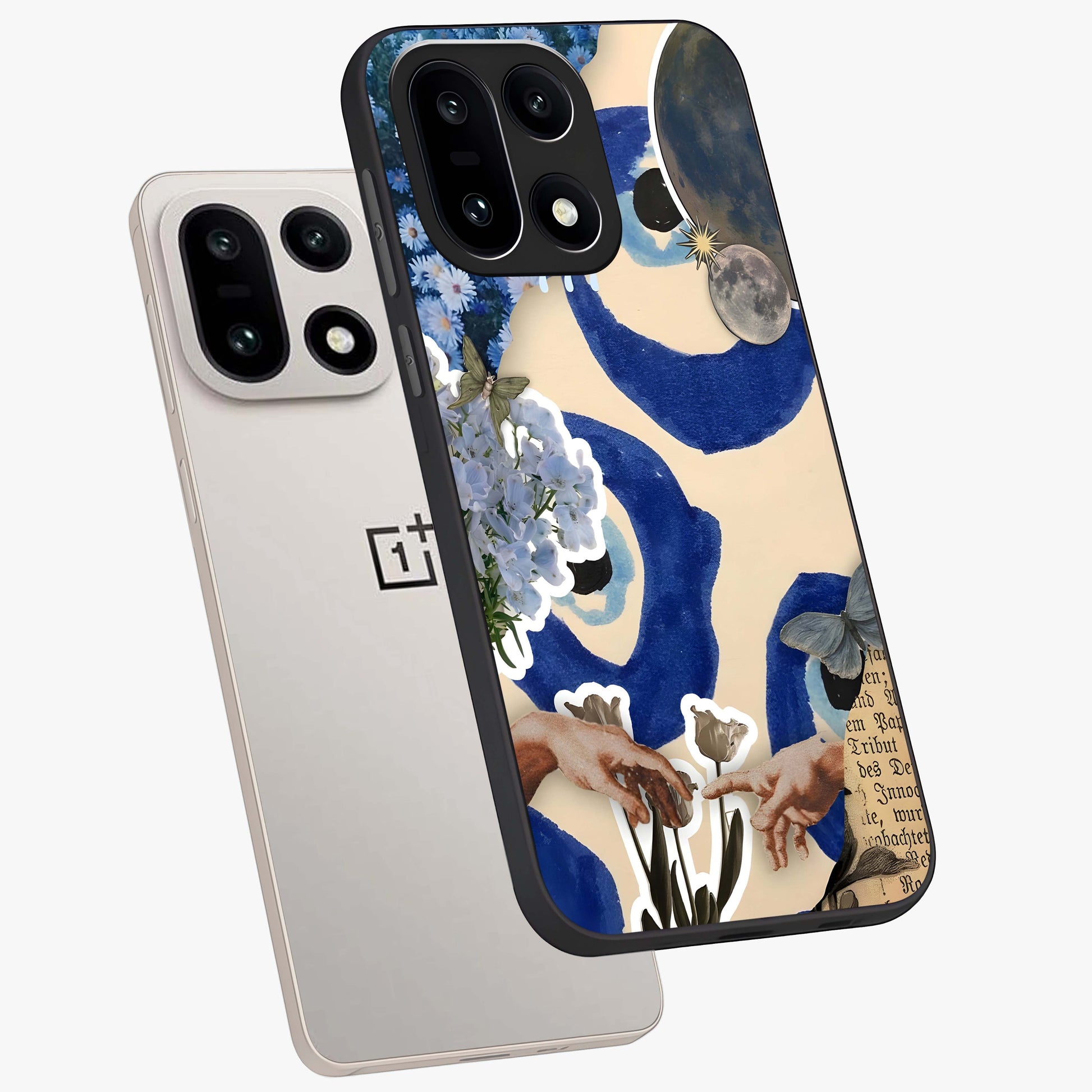 Blue Evil Divine Glass Case for 1+15 angled mockup showcasing glossy finish and striking blue symbol design
