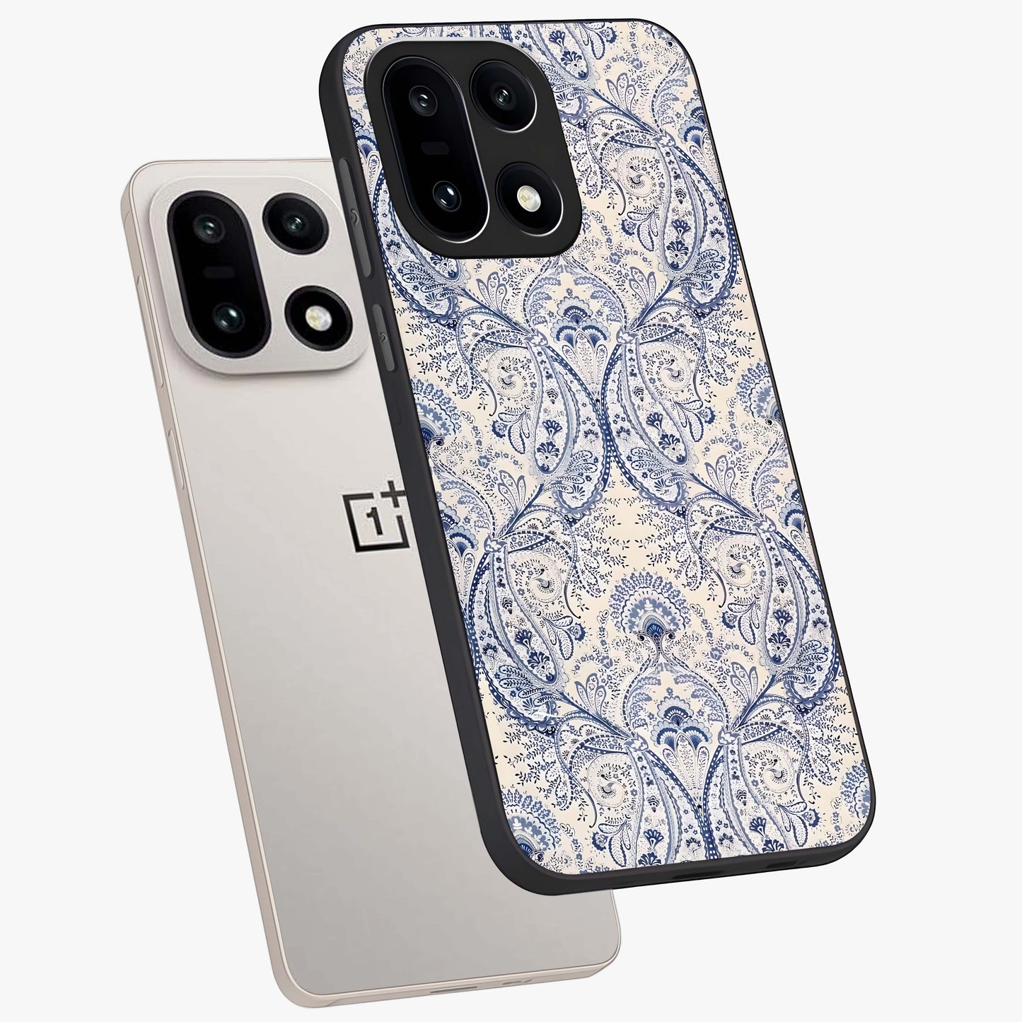 Blue Paisley Bloom Glass Case for 1+15 angled mockup showcasing glossy finish and detailed ornamental design
