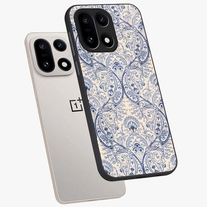 Blue Paisley Bloom Glass Case for 1+15 angled mockup showcasing glossy finish and detailed ornamental design