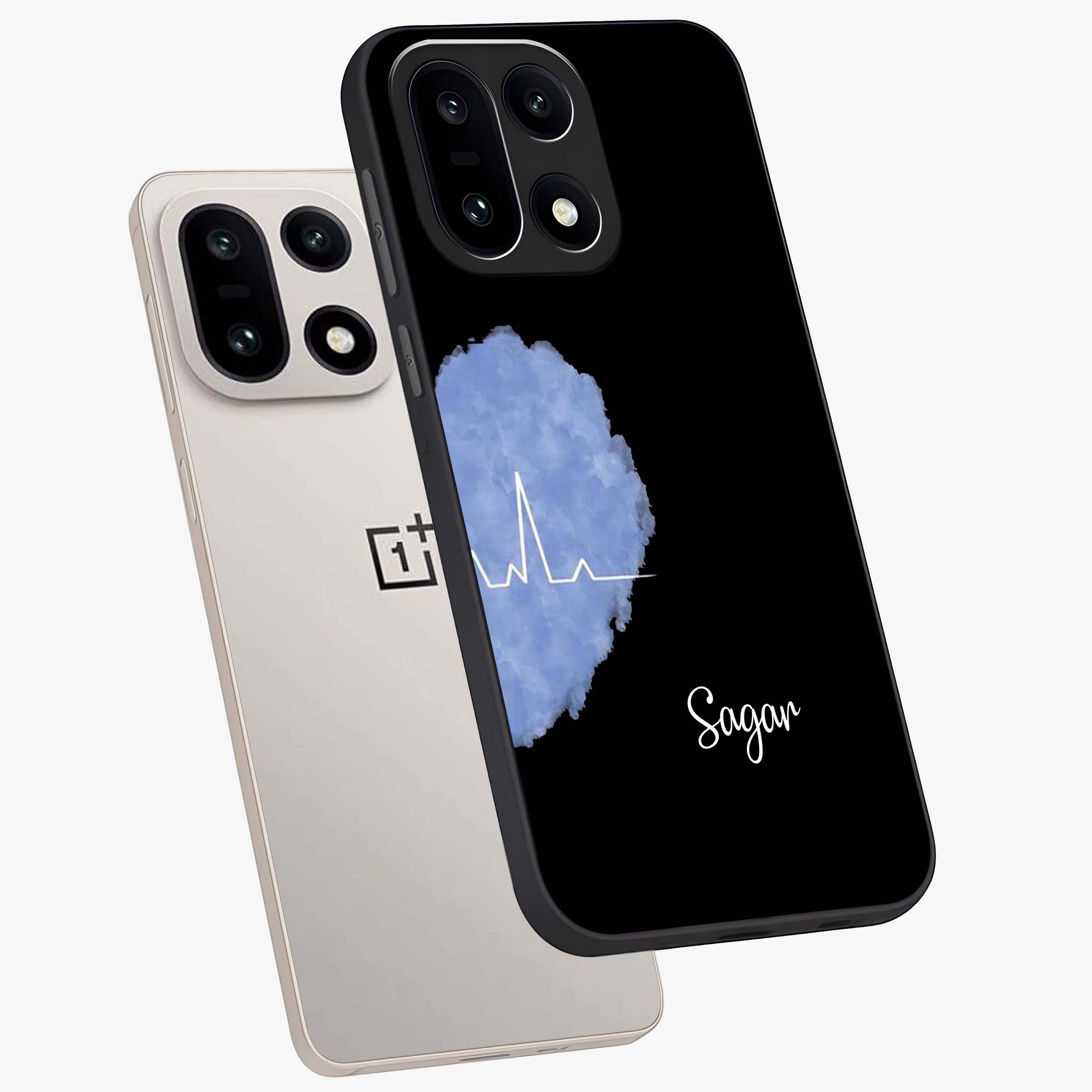 Blue Pulse Bond Glass Case for 1+15 angled mockup showcasing glossy glass finish and vibrant energy design