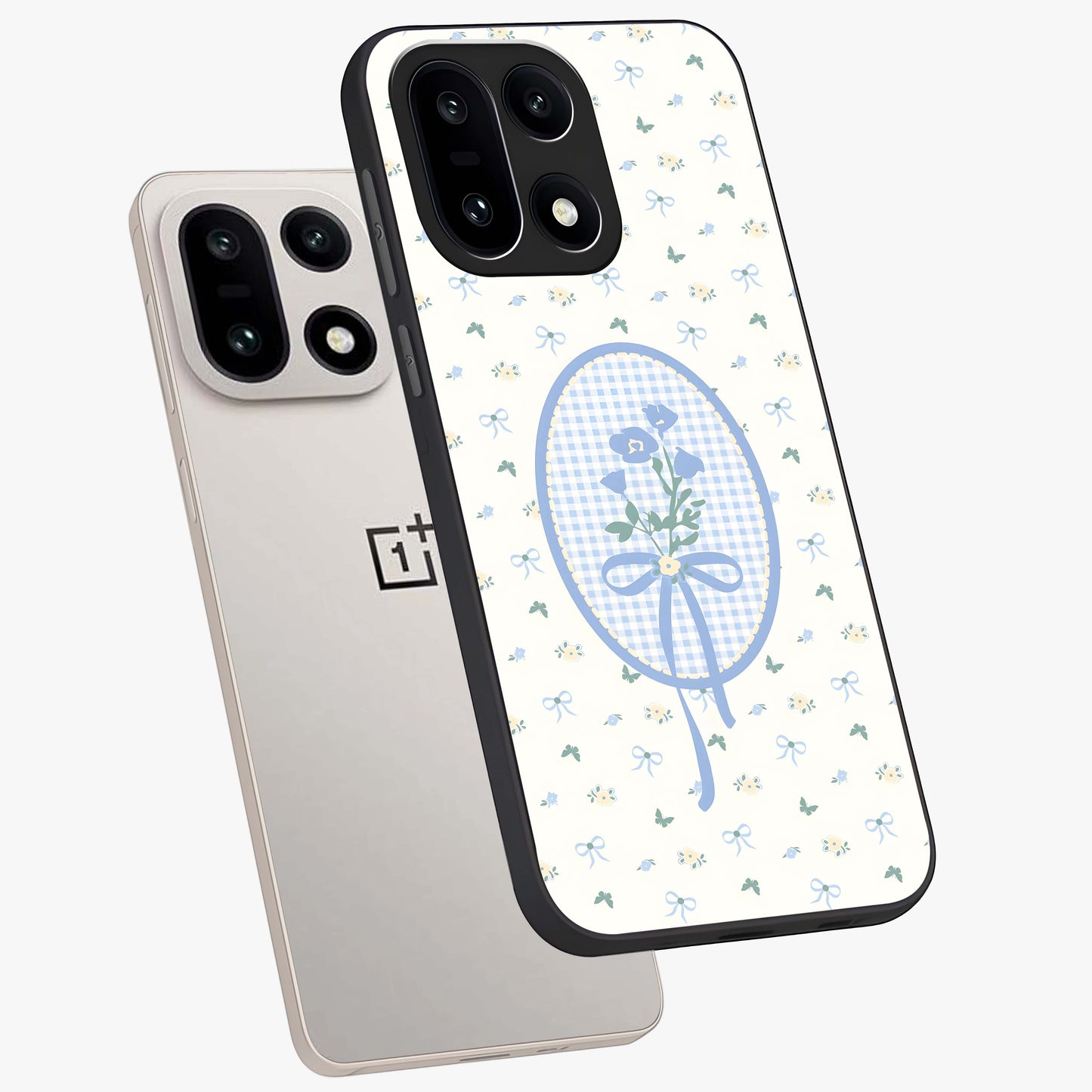 Blue Ribbon Bloom Glass Case for 1+15 angled mockup showcasing glossy finish and delicate bloom detailing
