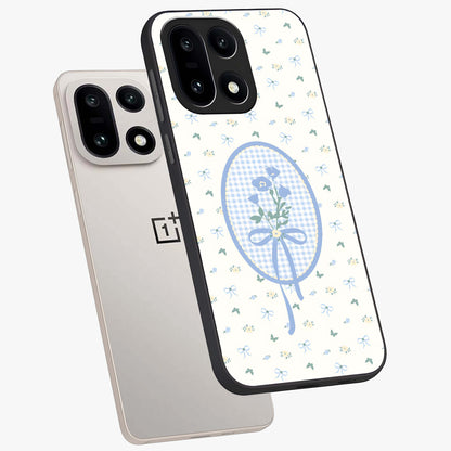 Blue Ribbon Bloom Glass Case for 1+15 angled mockup showcasing glossy finish and delicate bloom detailing