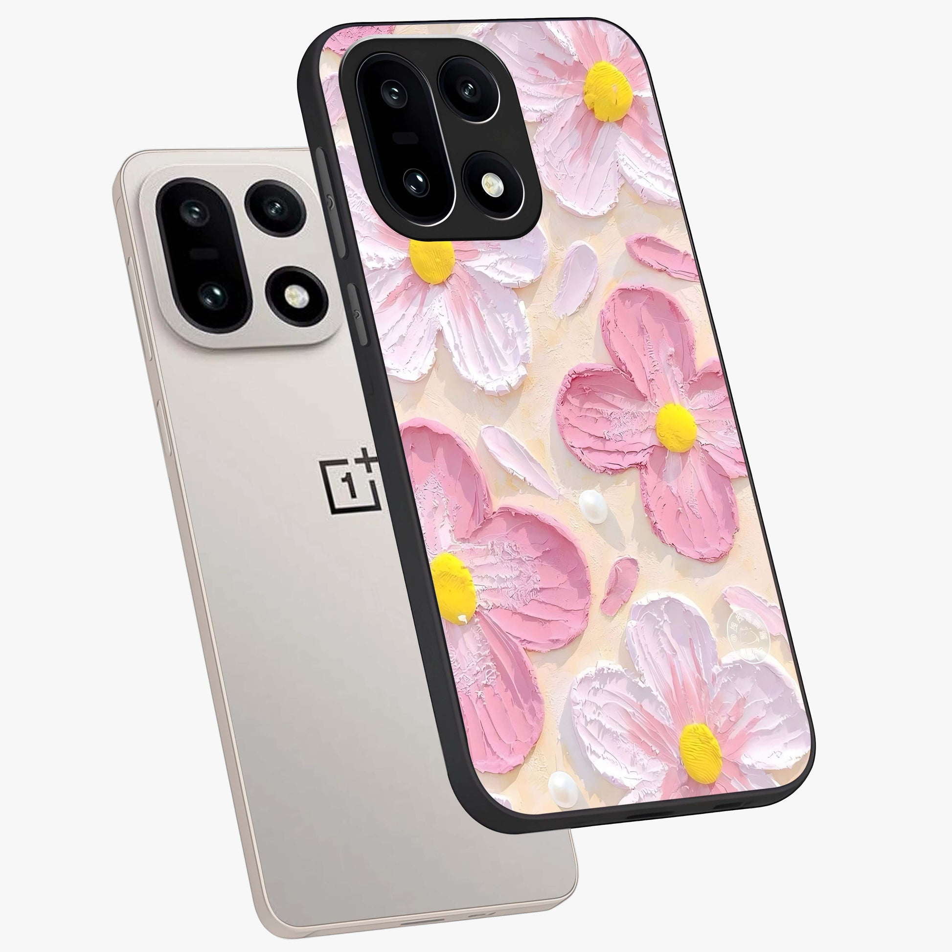 Blush Bloom Texture Glass Case for 1+15 angled mockup showcasing glossy finish and layered texture detailing
