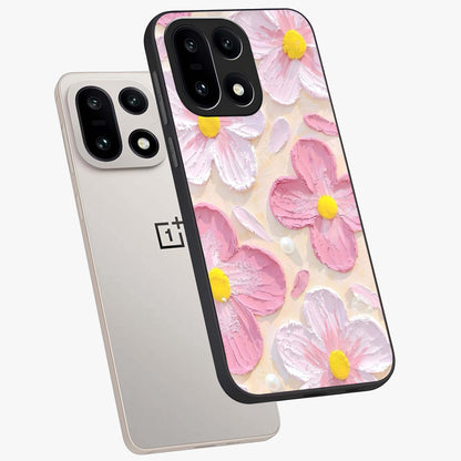 Blush Bloom Texture Glass Case for 1+15 angled mockup showcasing glossy finish and layered texture detailing