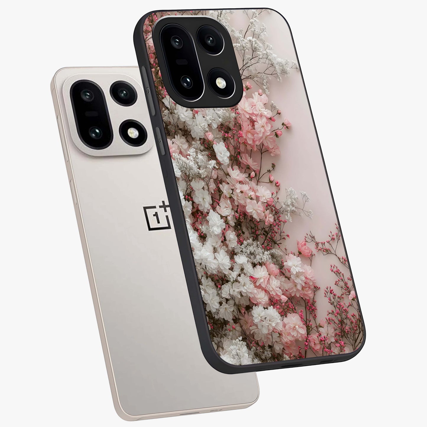 Blush Blossom Cloud Glass Case for 1+15 angled mockup showcasing glossy finish and pastel floral design