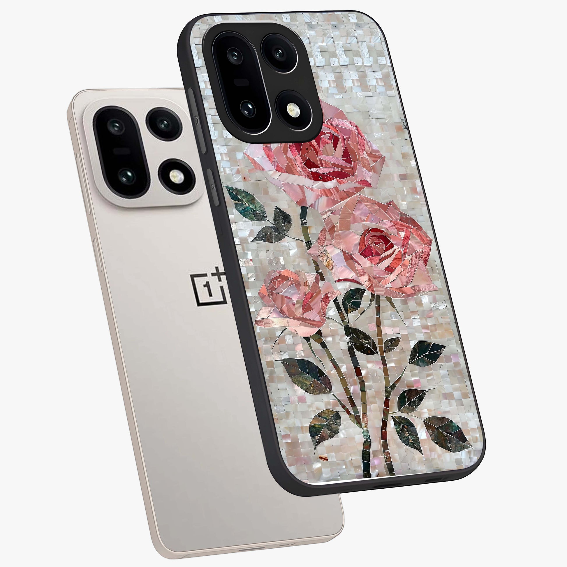 Blush Mosaic Bloom Glass Case for 1+15 angled mockup showcasing glossy finish and detailed mosaic patterns