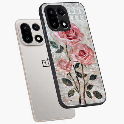 Blush Mosaic Bloom Glass Case for 1+15 angled mockup showcasing glossy finish and detailed mosaic patterns