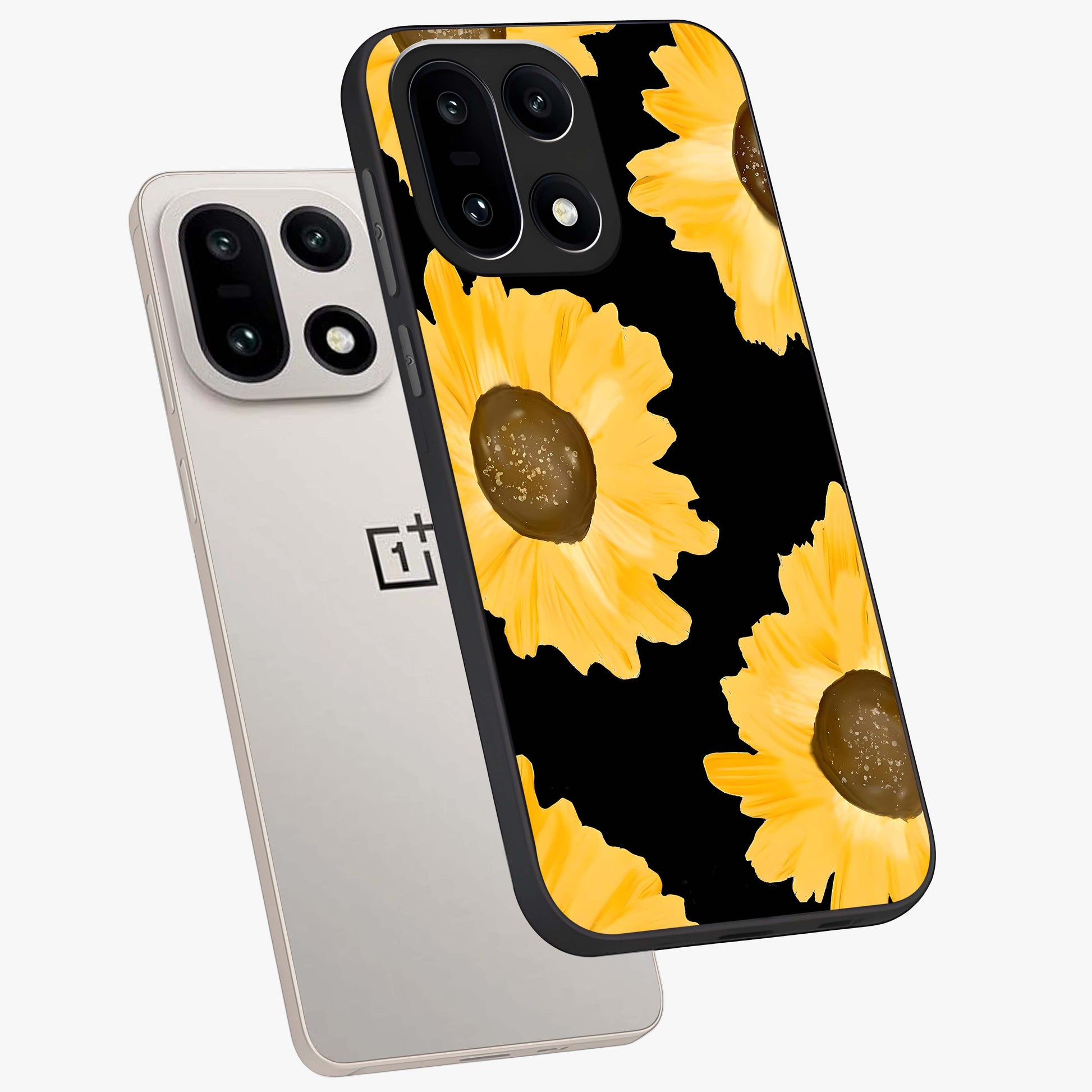 Bold Sunflowers Glow Glass Case for 1+15 angled mockup showcasing glossy glass finish and bright floral detailing