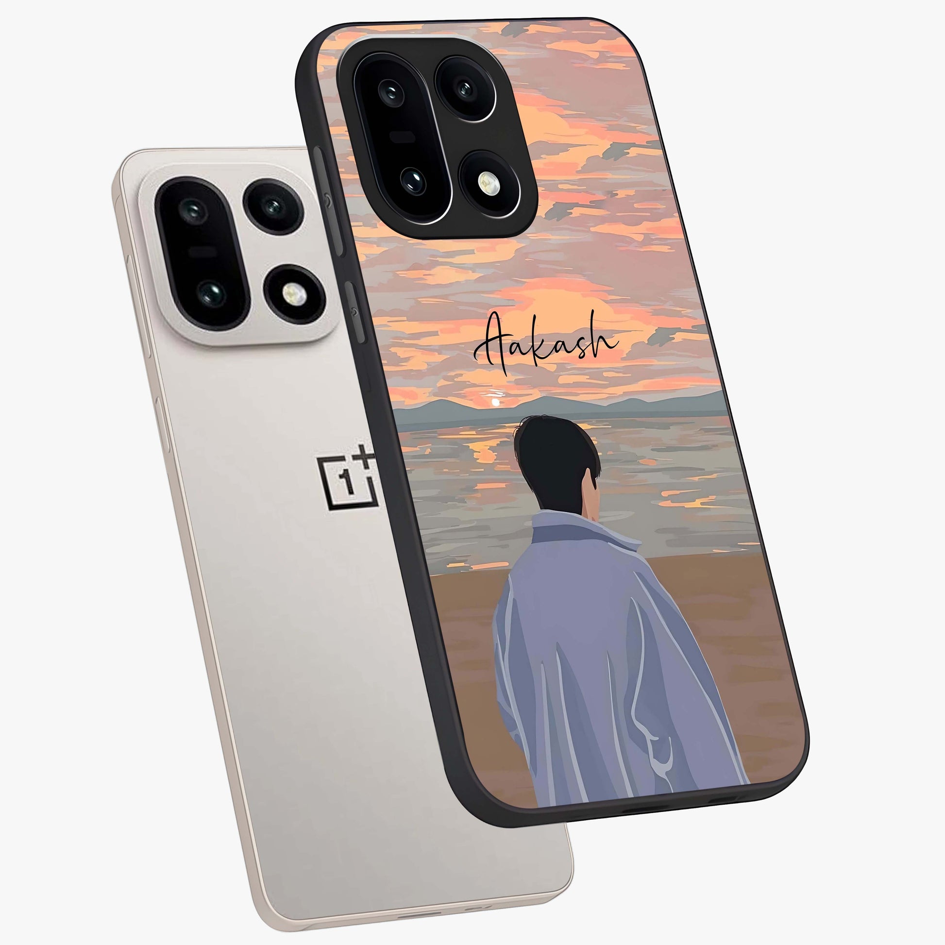Boy Facing Sunset Beach Glass Case for 1+15 angled mockup showcasing glossy finish and warm beach tones