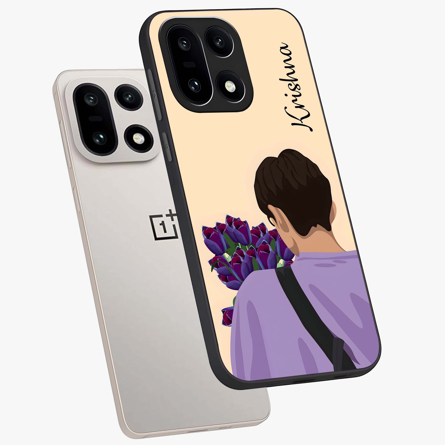 Boy Holding Flowers Glass Case for 1+15 angled mockup showcasing glossy finish and gentle pastel artwork