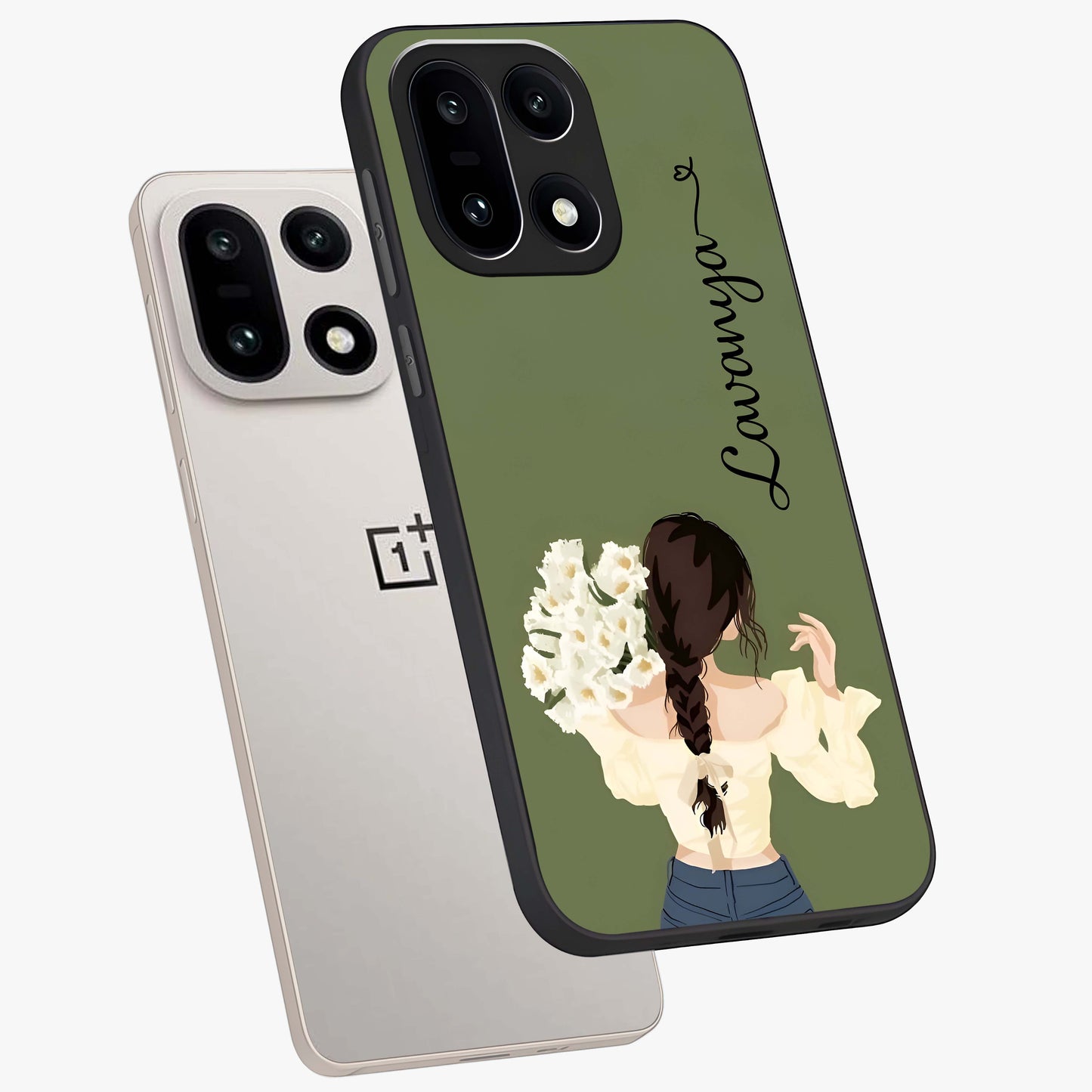 Braided Spring Beauty With Custom Name Glass Case for 1+15 angled mockup showcasing glossy finish and spring inspired detailing