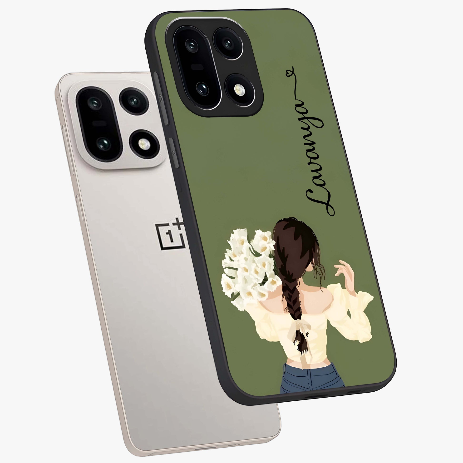 Braided Spring Beauty With Custom Name Glass Case for 1+15 angled mockup showcasing glossy finish and spring inspired detailing