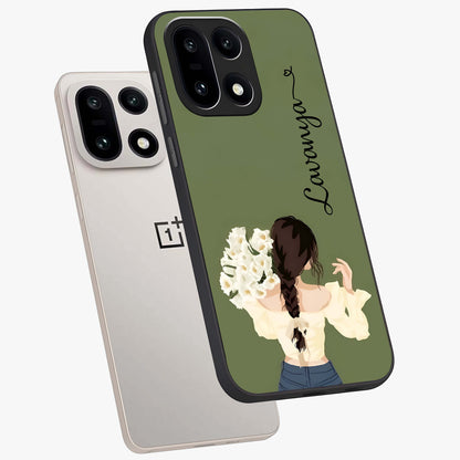 Braided Spring Beauty With Custom Name Glass Case for 1+15 angled mockup showcasing glossy finish and spring inspired detailing