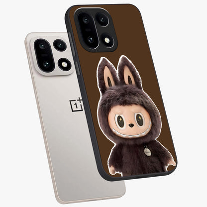 Brown Labubu Design Glass Case for 1+15 angled mockup showcasing glossy finish and detailed cartoon illustration