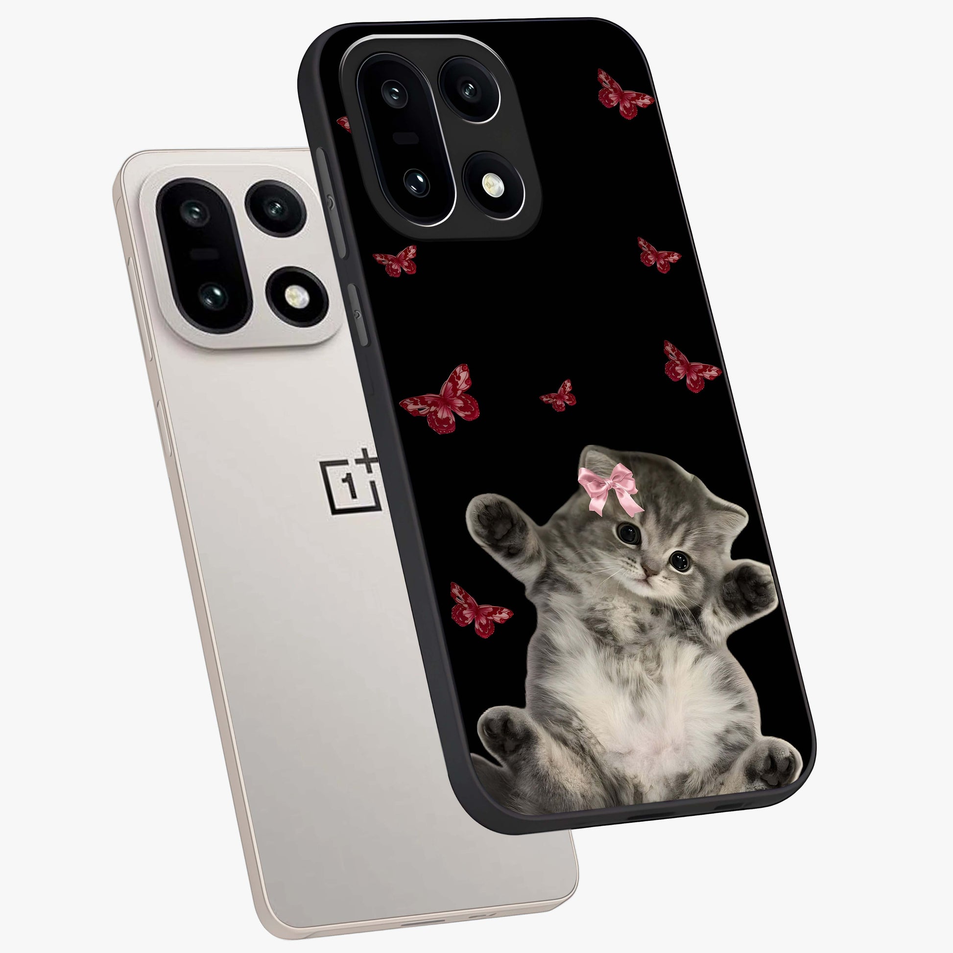Butterfly Cat Bliss Glass Case for 1+15 angled mockup showcasing glossy finish and soft pastel tones