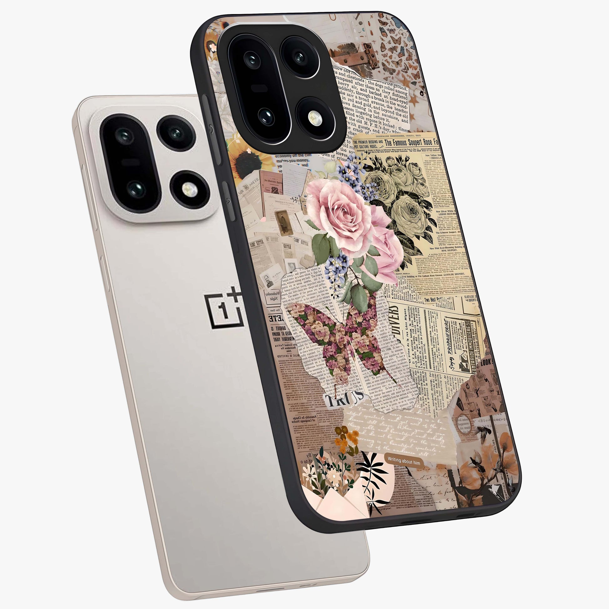Butterfly News Bloom Glass Case for 1+15 angled mockup showcasing glossy finish and vibrant nature design
